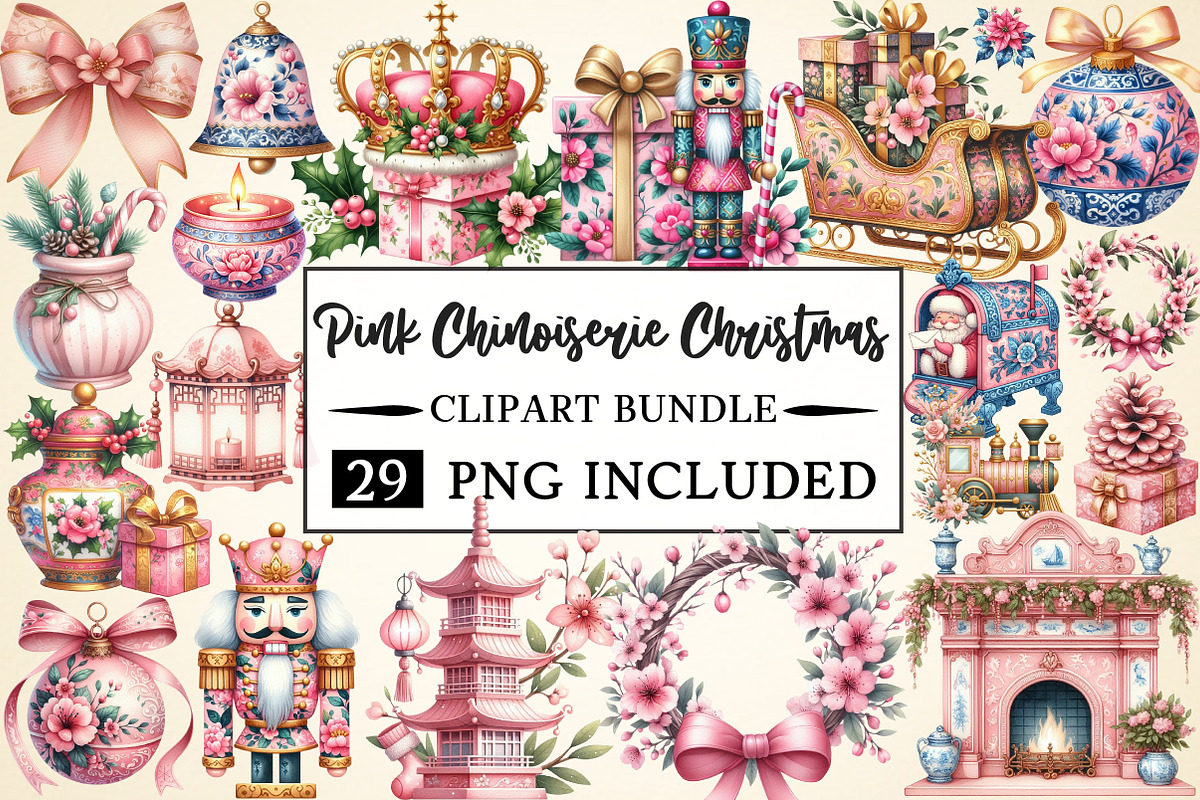 Pink Chinoiserie Christmas Clipart, a Seasonal Illustration by Daily ...