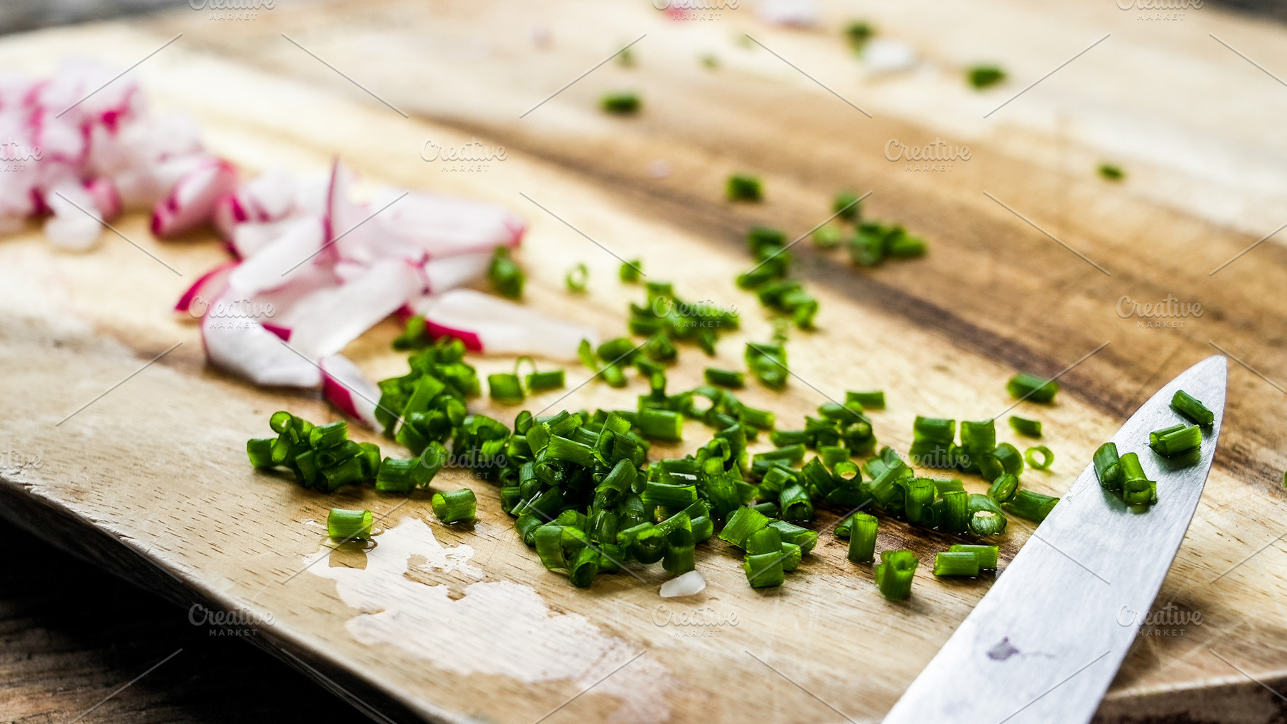 Fresh chopped radishes and chives on, a Food & Drink Photo by 1miromiro