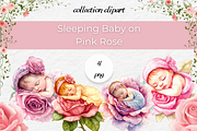 Sleeping Baby on Pink Rose- Clipart, a Person Illustration by InkyQueenArt (Thumbnail 1 of 4)