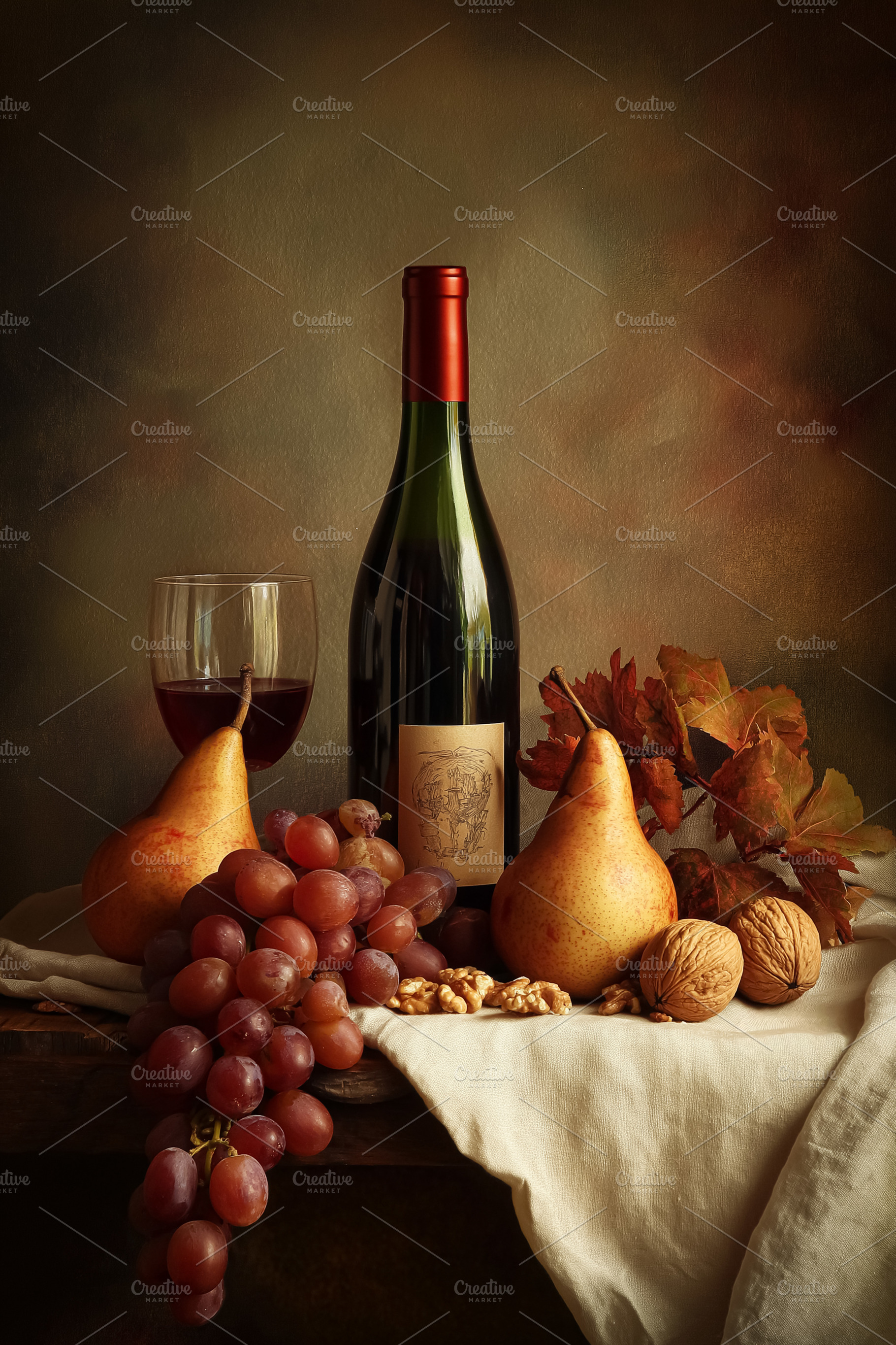 Still life composition with red wine bottle, glass, pears, grapes, walnuts, and, a Food & Drink Photo by Studio ANNA