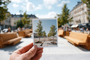 Hand holding a photograph of trees in a lively city plaza during daylight hours, a Photo by AlyaAnd