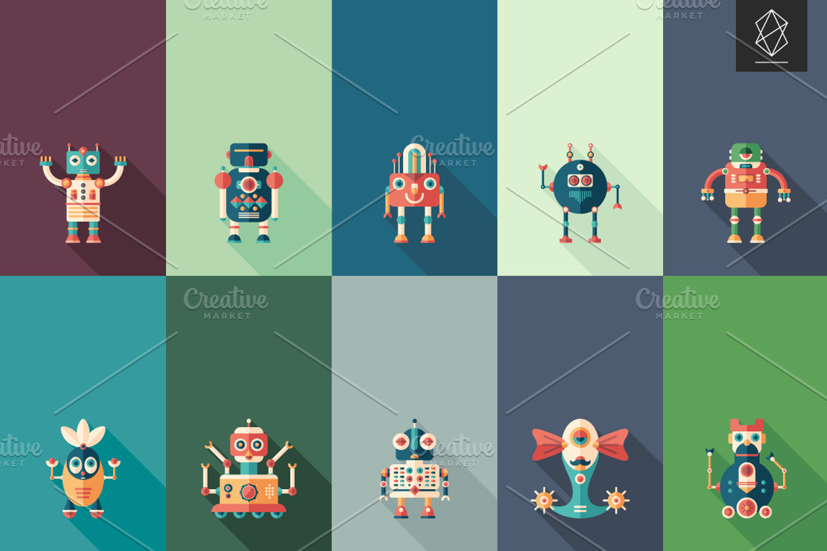 Magic robots flat square icon set preview 2
