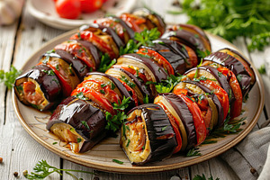 Rolled up eggplant stuffed with cheese and tomatoes in plate, a Food & Drink Photo by AlyaAnd