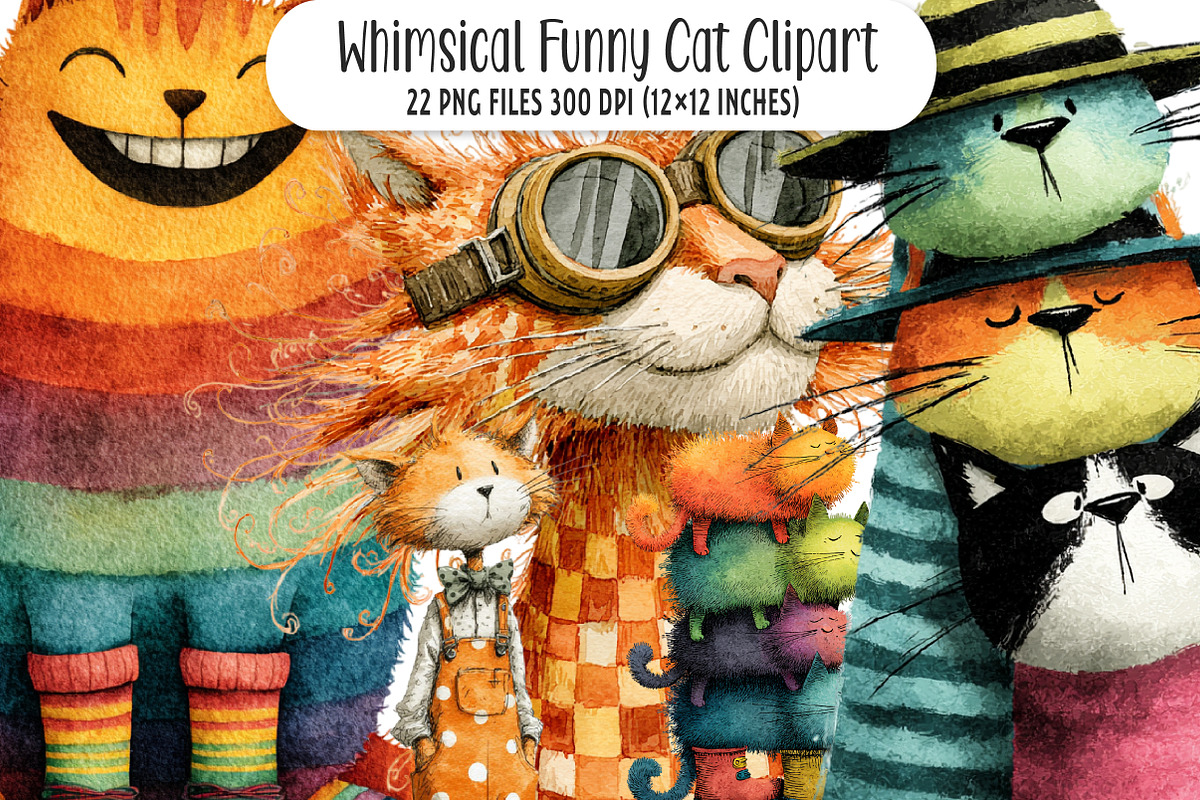Whimsical Funny Cat Bundle, an Illustration by SinaCreation (Photo 1 of 7)
