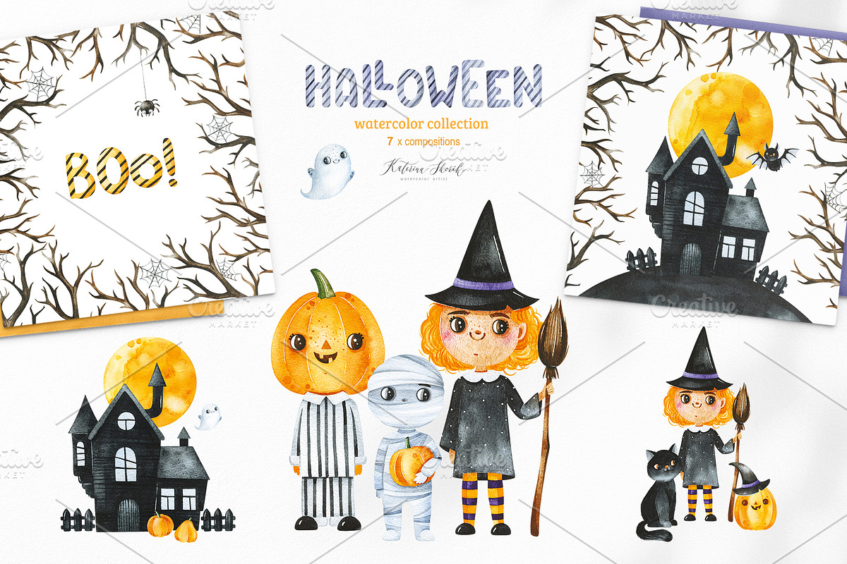 Halloween.Cute watercolor collection, a Decorative Illustration by Kate_Rina (Photo 4 of 11)