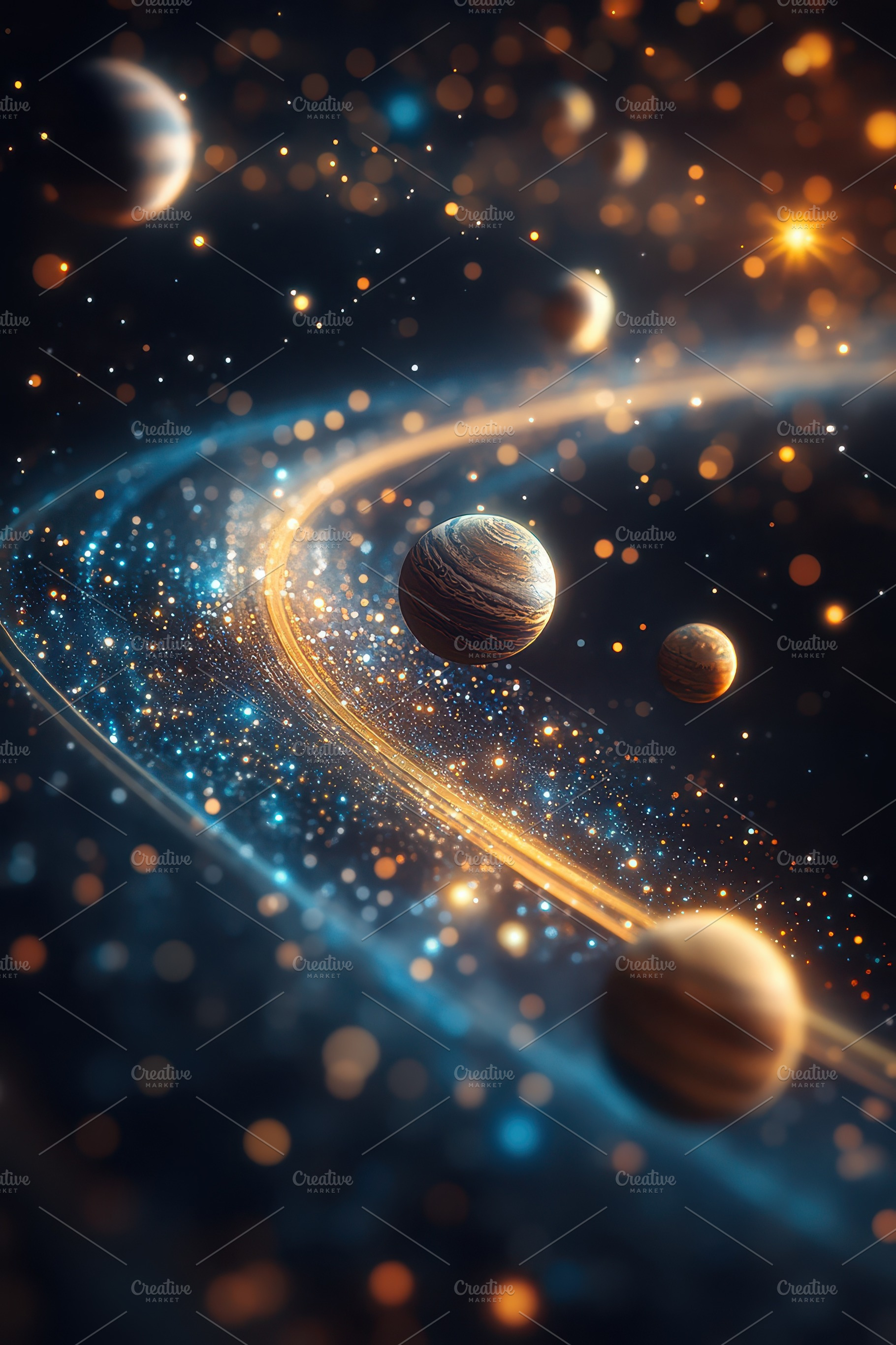 Planets in a glowing cosmic trail sp, an Abstract Photo by Pixeness Studio