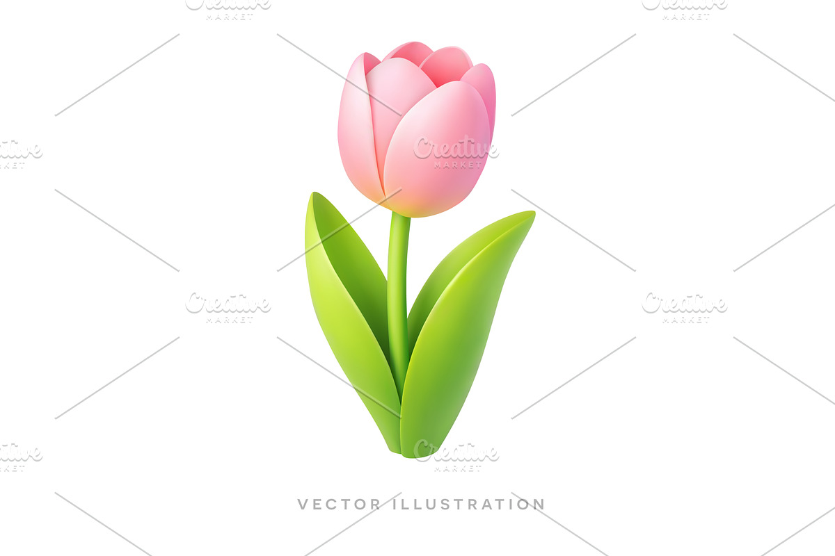 Pink tulip flower with green leaves, an Object Illustration by GraphiShop