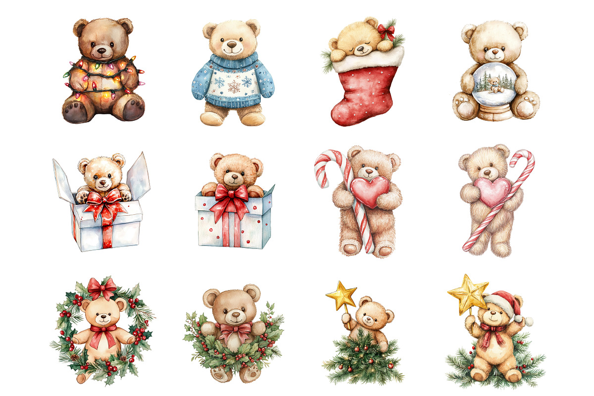 Cute Christmas Teddy Bear Clipart, an Illustration by Design Market (Photo 2 of 3)