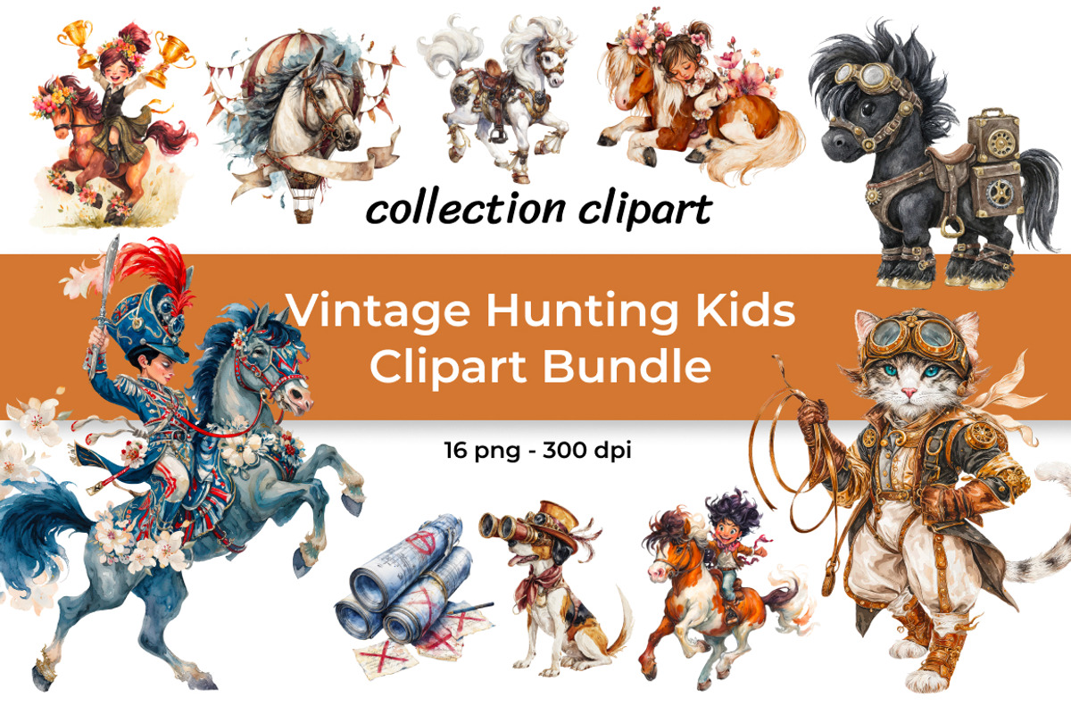 Vintage Hunting Kids Clipart Bundle, an Animal Illustration by InkyQueenArt (Photo 1 of 5)