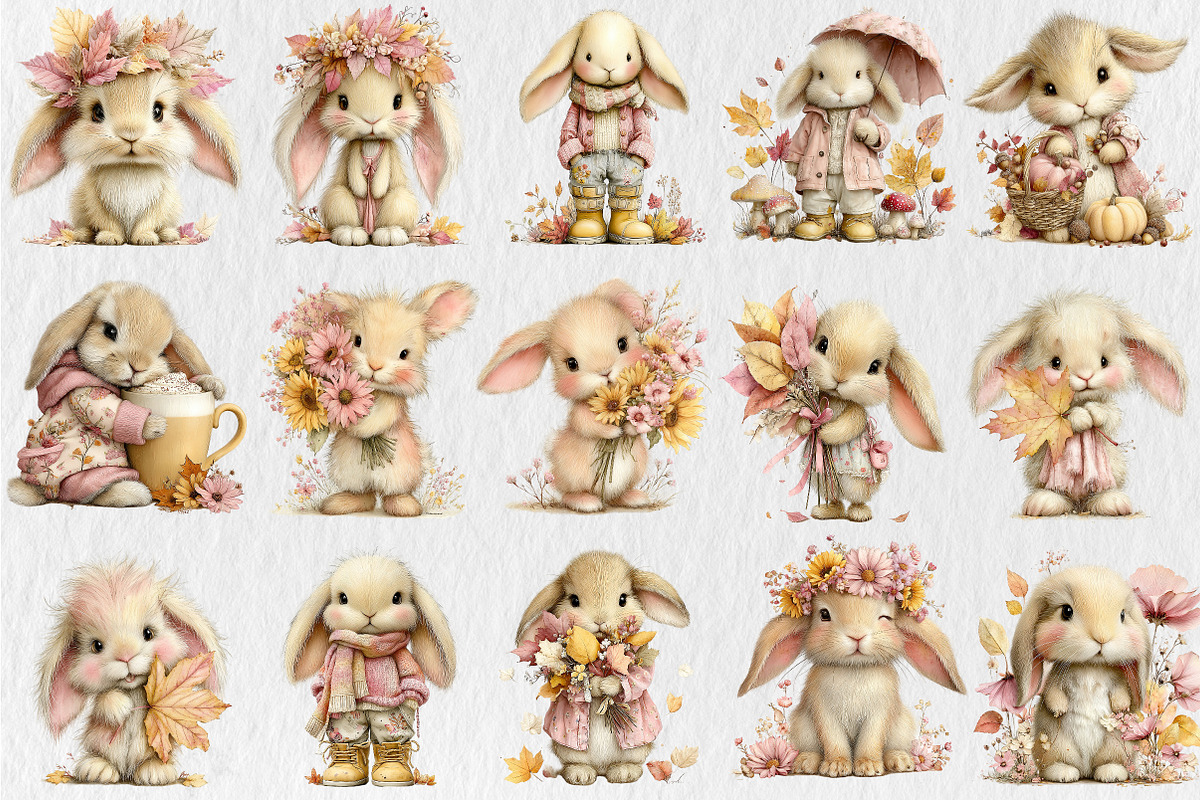 Whimsical Fall Autumn Bunny Clipart, a Seasonal Illustration by Rose Art (Photo 2 of 6)