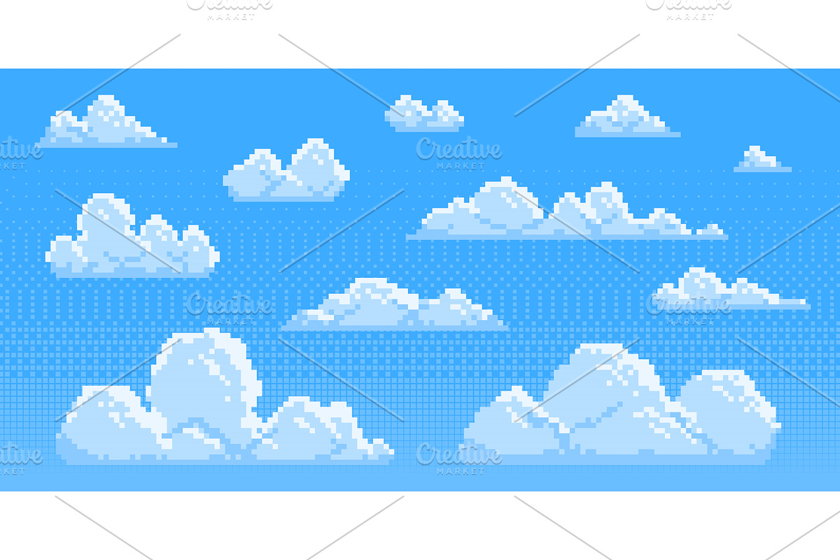 Pixel clouds set for game background, an Illustration by art PVP - market