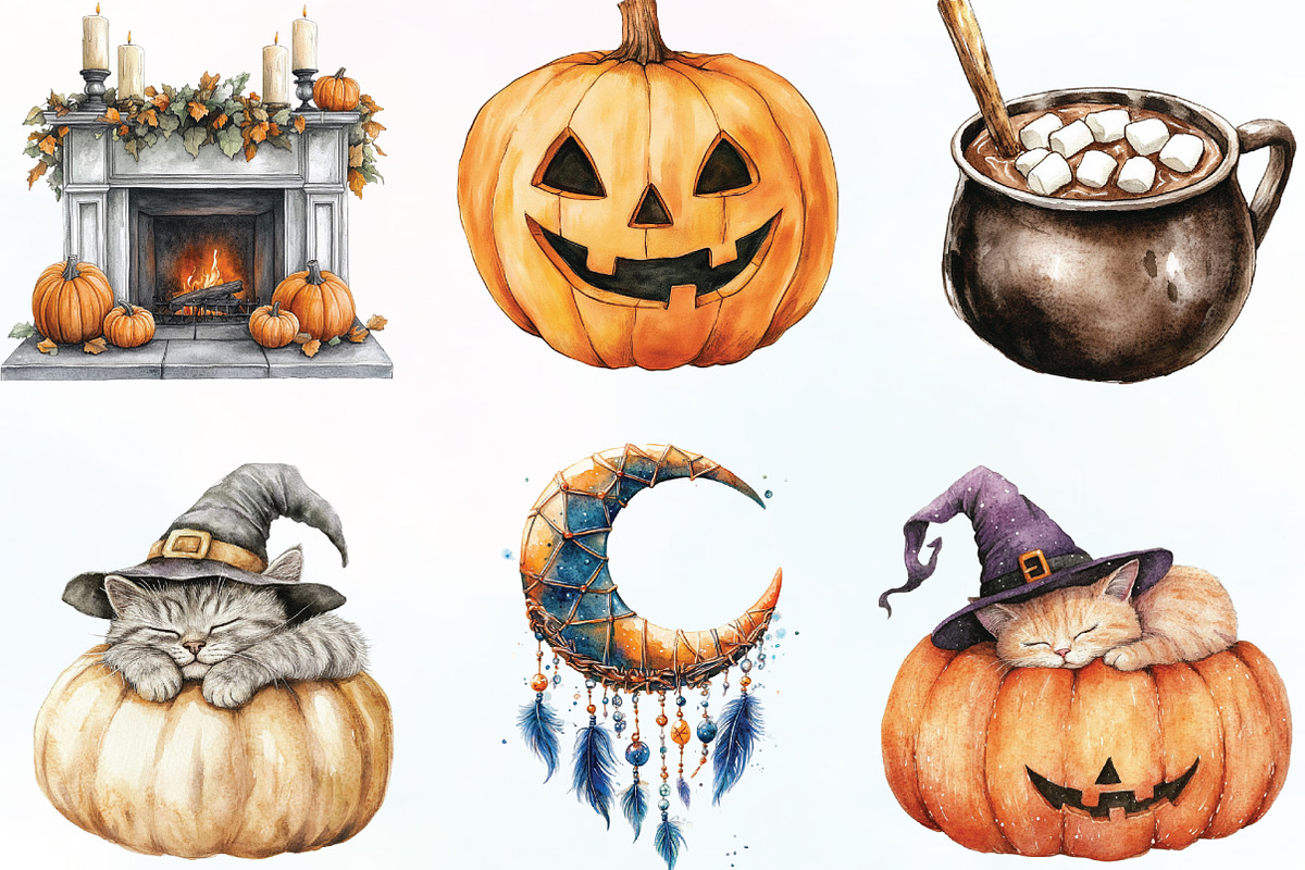 Watercolor Cozy Halloween Clipart, an Illustration by CraftArtStudio (Photo 2 of 6)