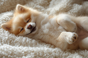 A peaceful Pomeranian puppy resting on a soft white blanket, showcasing its ado, an Animal Photo by ImageMir