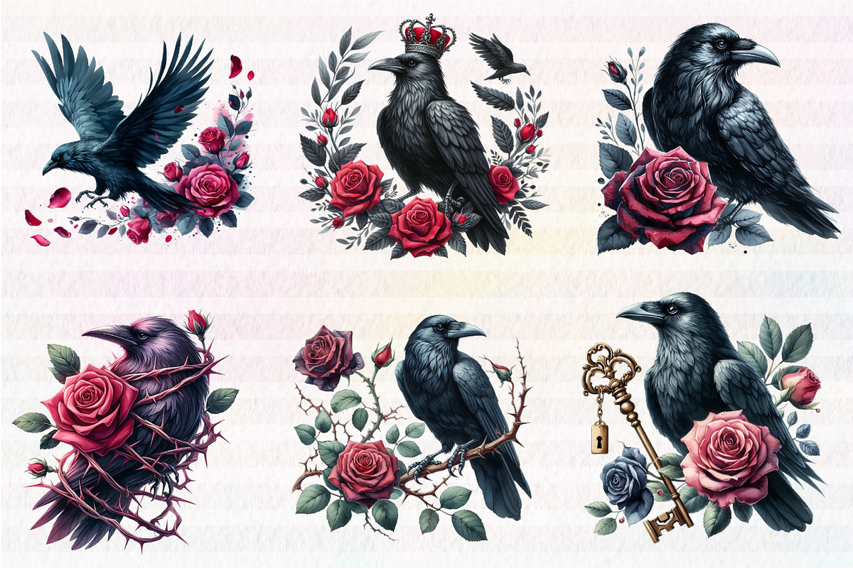 Watercolor Raven and Red Roses, an Illustration by CreationArt (Photo 4 of 5)