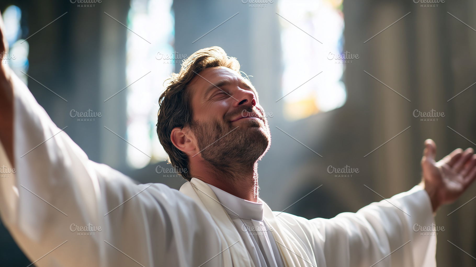 Joyful priest in white robes stands, a Person Photo by MistyDay