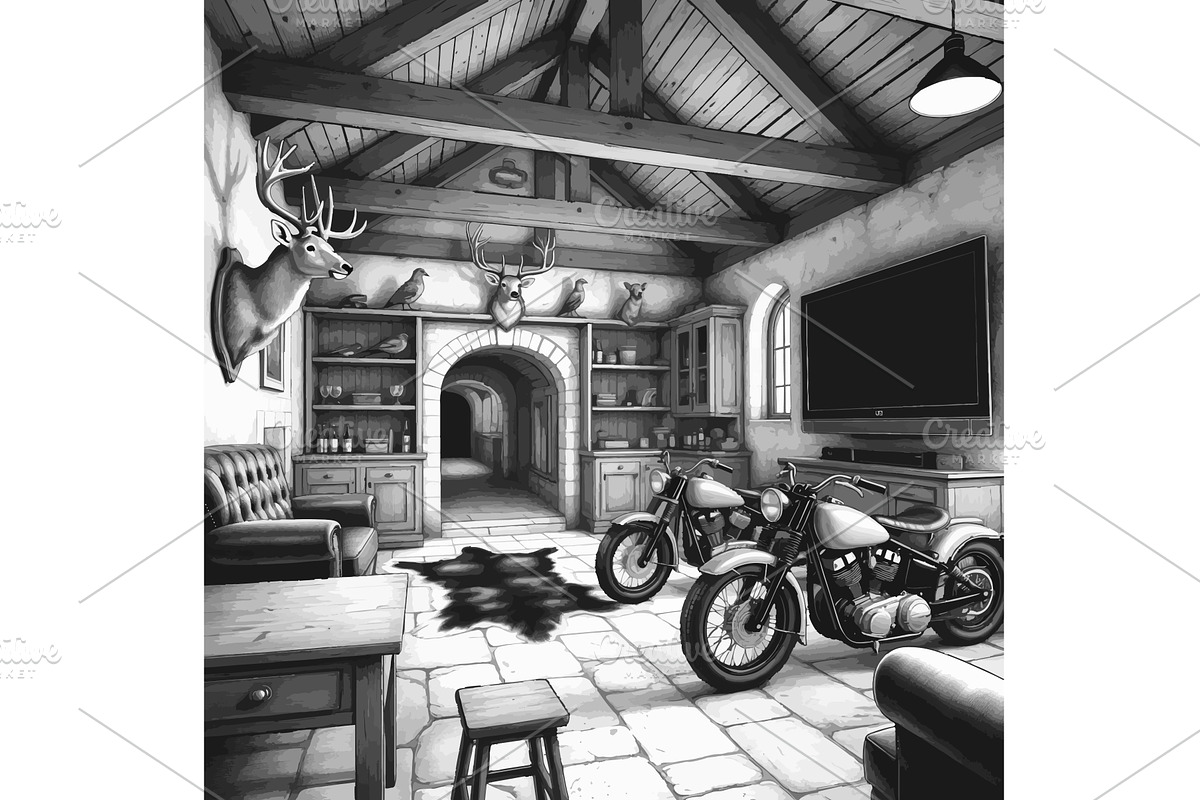 Rustic Garage Interior with Vintage, a Transportation Illustration by AlexArt
