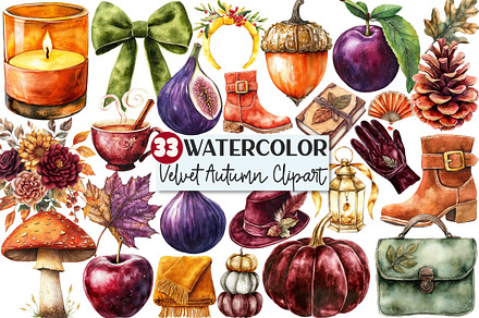 Watercolor Velvet Autumn Clipart