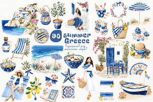 Summer Greece Watercolor Clipart, a Seasonal Illustration by Nicolle's Colorful Art