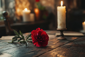 Single red flower on rustic table. C, a Background Photo by Pixeness Studio