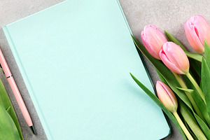 Spring Workspace Flat Lay with Tulips Notebook Glasses and Clock, a Food & Drink Photo by Natalia Klenova's Shop