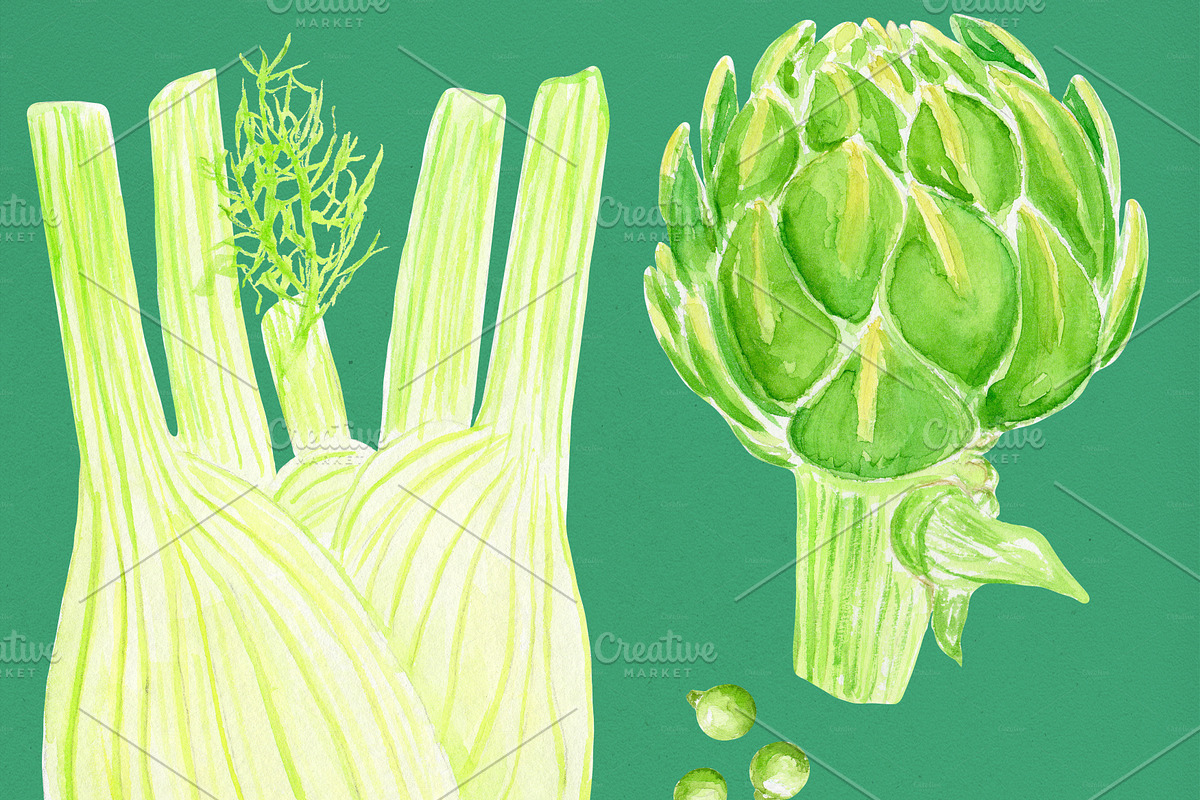 Green Watercolor Vegetables Set, a Food Illustration by Olexandra Mur (Photo 6 of 9)