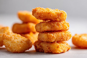 Stack of crispy chicken nuggets, a Food & Drink Photo by AlyaAnd
