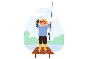 Little boy caught fish in pond with, an Illustration by Vectorbuum