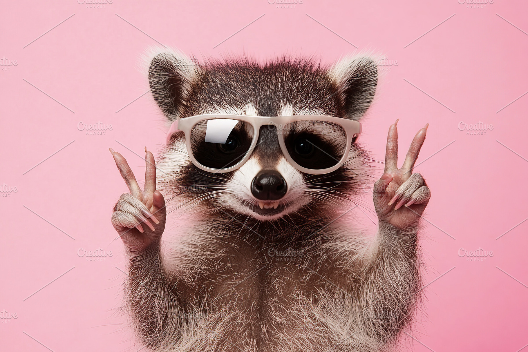 Raccoon in sunglasses gives peace sign with playful expression a, a Photo by AlyaAnd