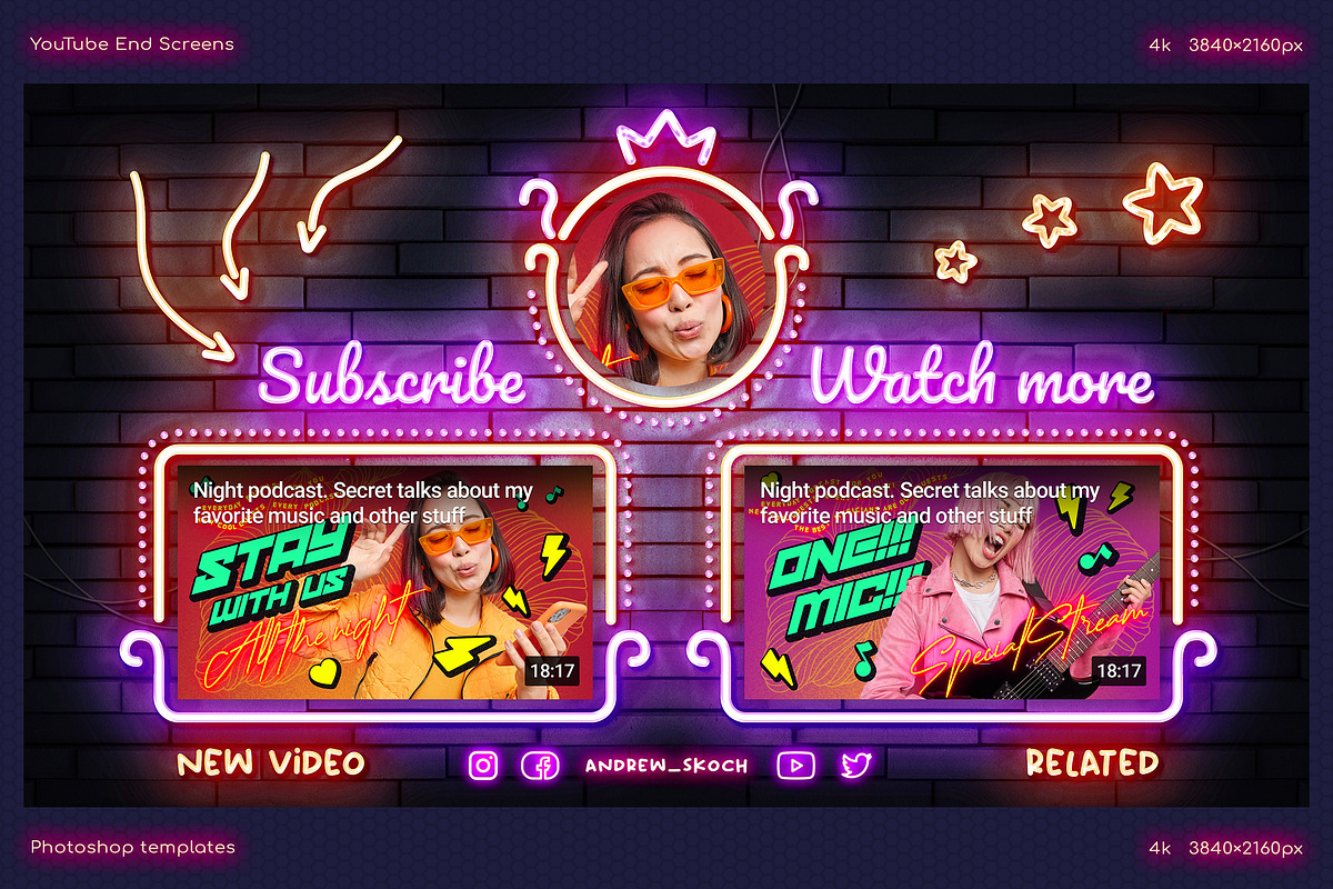 Neon YouTube End Screens, a Social Media Template by Andrew Skoch Design (Photo 9 of 18)