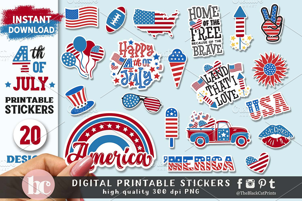 4th Of July Stickers Pack PNG, a Seasonal Illustration by TheBlackCatPrints (Photo 1 of 2)