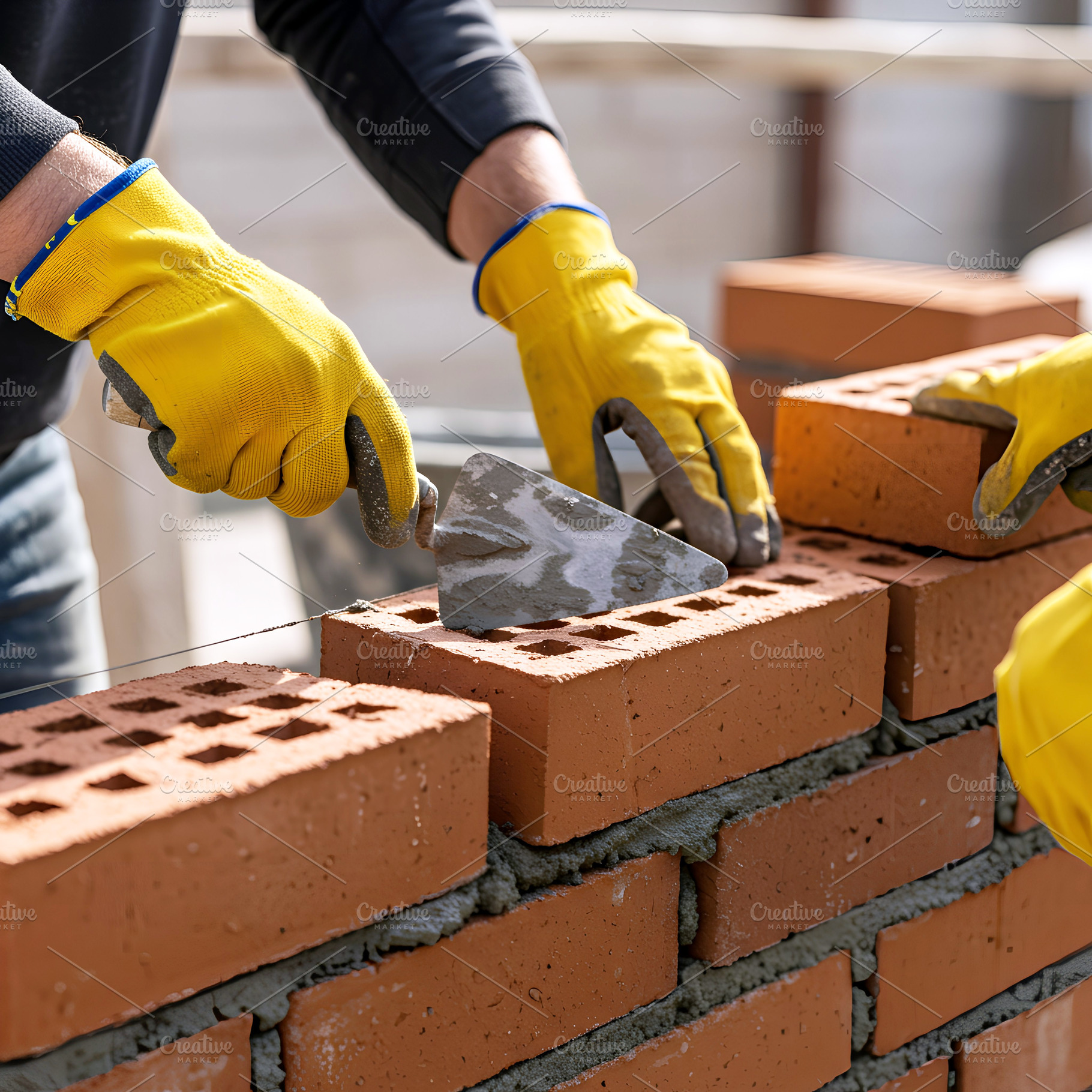 Bricklayer laying bricks on a constr, an Industrial Photo by Stock Shape