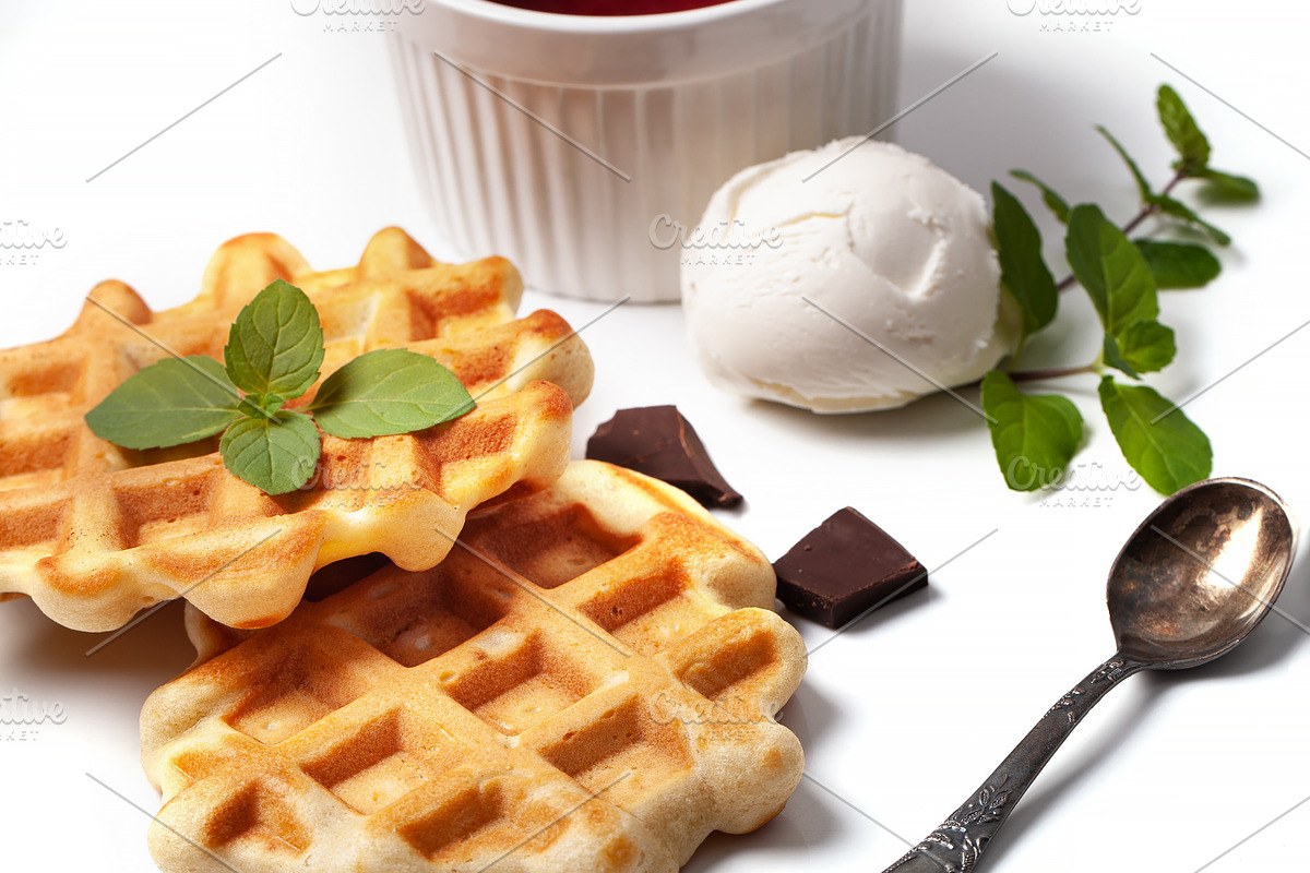 Homemade freshly baked belgian waffles with mascarpone, mint lea, a Food & Drink Photo by eleana (Photo 2 of 2)