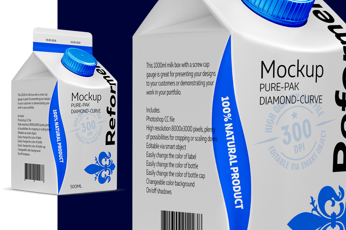 Mockup Pure-Pak Diamond-Curve 500ml, a Packaging Mockup by Reformer Mockup