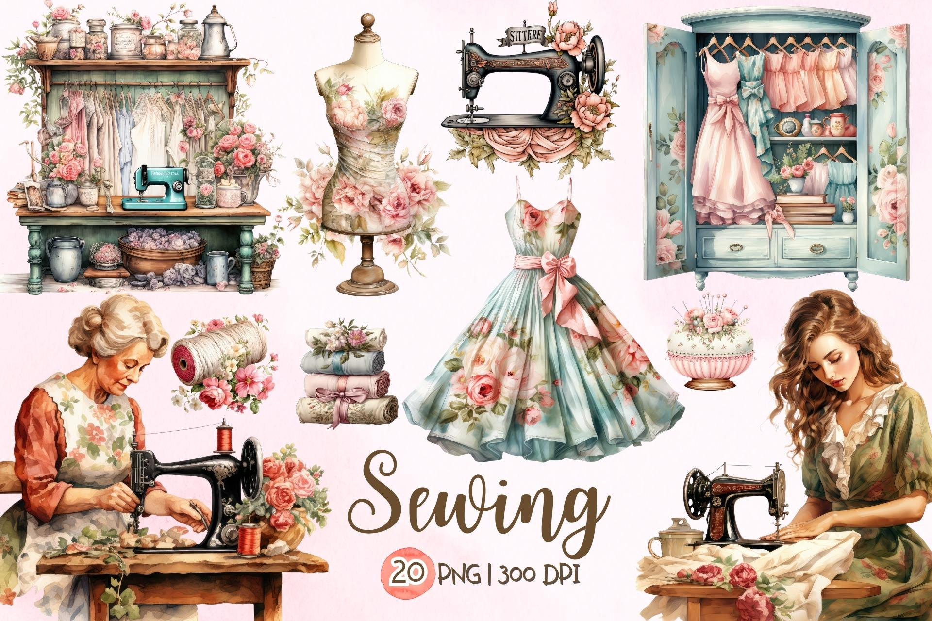 Sewing Watercolor Clipart Set, a Decorative Illustration by Maysa Art
