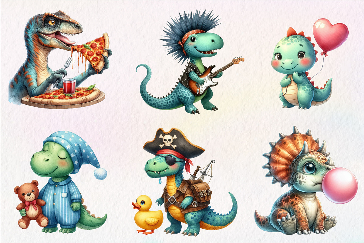 Watercolor Funny Dinosaurs Clipart, an Illustration by CreationArt (Photo 5 of 5)