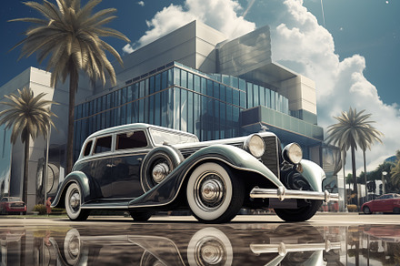 A vintage art deco car parked in front of a modern building, with palm trees an, an Arts & Entertainment Photo by Textures & Backgrounds