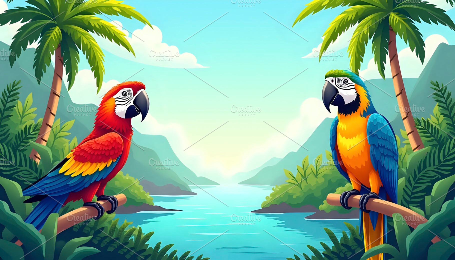 Tropical Island With Parrots And Jun, a Photo by LOGOCREATIVE