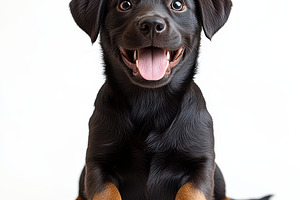 Happy Black Puppy Sitting White Back, an Animal Photo by Pixeness Studio