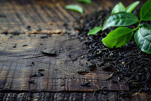Dry tea leaves and fresh green tea leafs on wooden background, a Food & Drink Photo by AlyaAnd