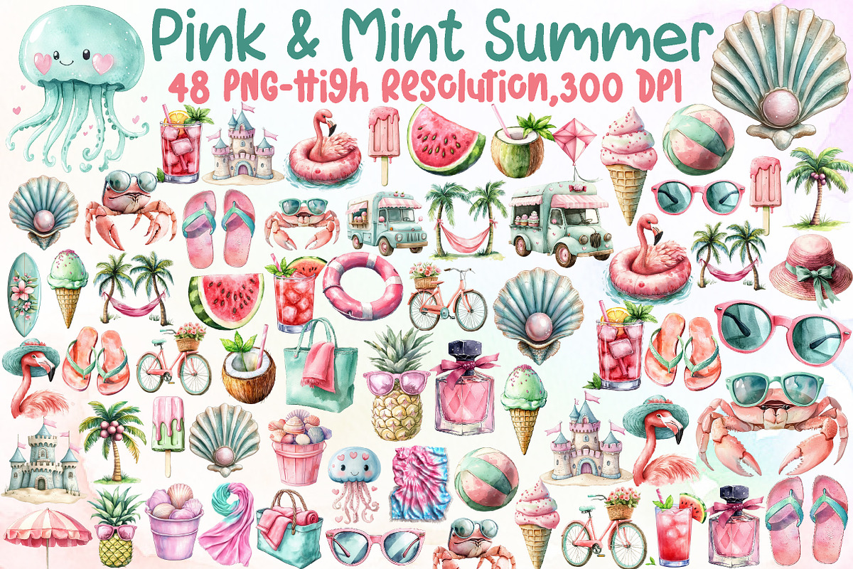 Watercolor Pink & Mint Summer Clipar, an Illustration by Sublimation Artist (Photo 1 of 6)