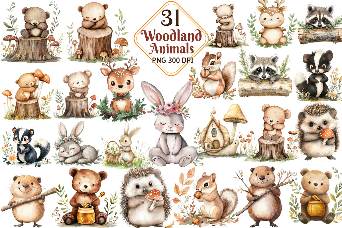 Cute Woodland Animal Clipart, an Illustration by Watercolor design (Photo 1 of 9)