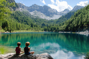 Two children enjoy a serene lake vie, a Photo by Tanuart