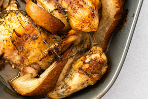 Baked chicken with pears and thyme, a Food & Drink Photo by Pundateam