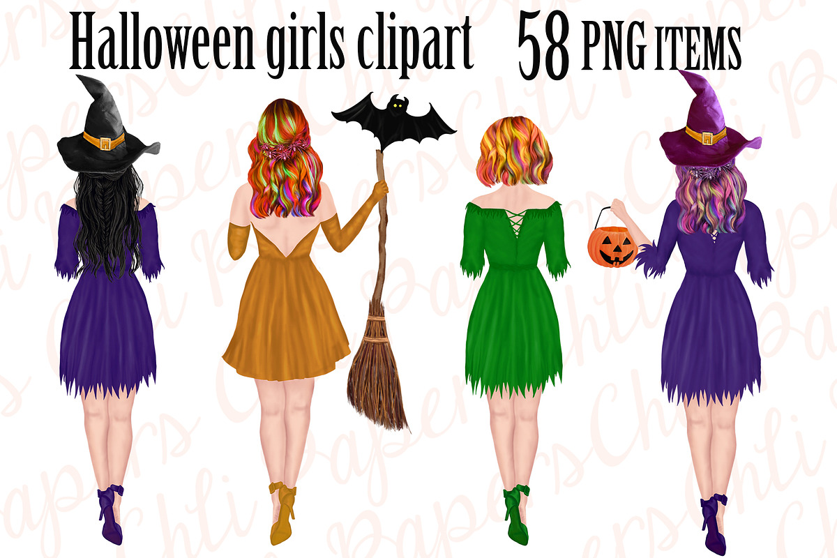 Halloween Girls Clipart, Witches PNG, an Illustration by chilipapers (Photo 1 of 4)