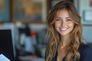 Young woman with a warm smile poses, a Photo by Tanuart