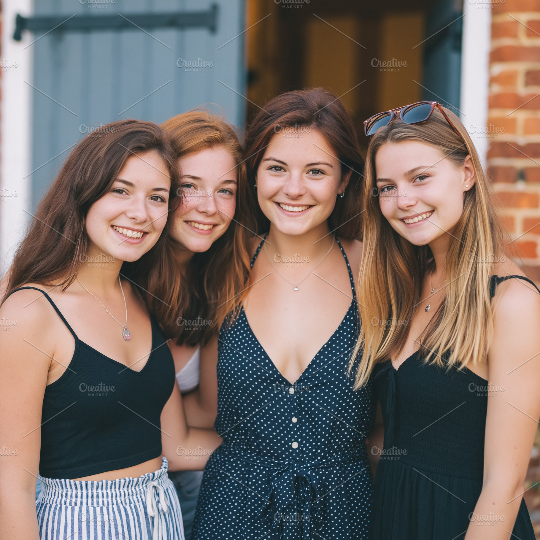Four cheerful female friends standing together, enjoying a fun t, a Person Photo by Studio ANNA