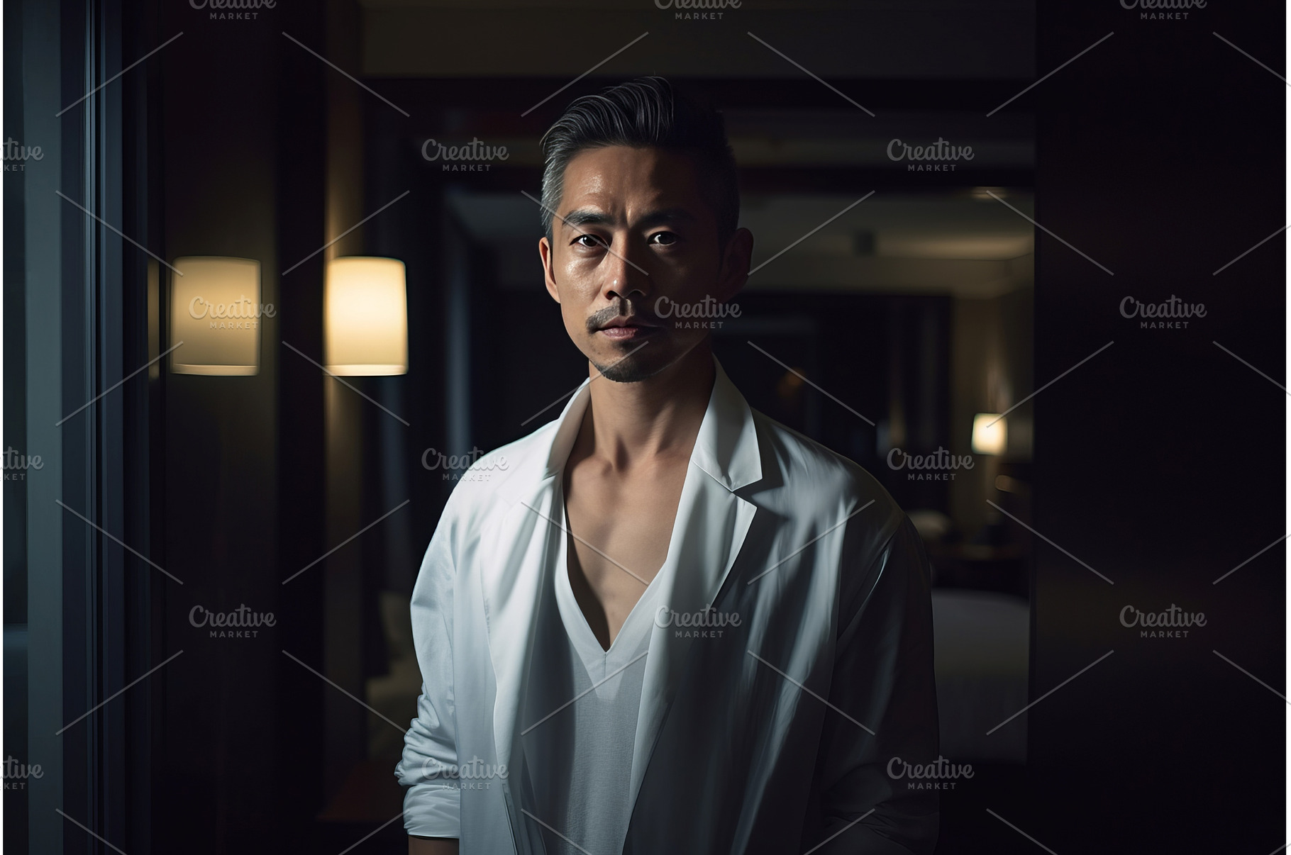 Night evening handsome man in white, a Person Photo by Ylivdesign