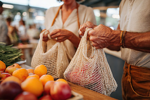 Reusable produce bags filled with fresh fruits at a bustling local market in br, a Photo by AlyaAnd