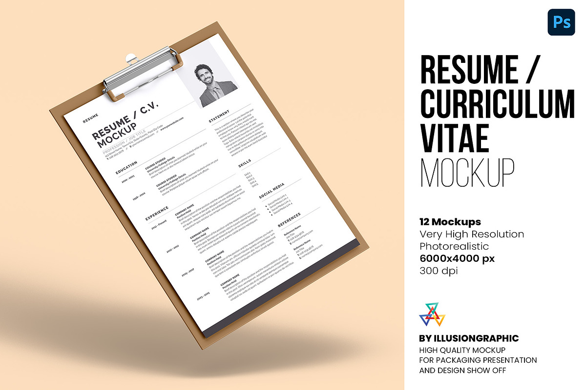 Resume - Curriculum Vitae Mockup, an Advertising Mockup by Illusiongraphic (Photo 1 of 22)