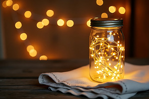 Mason jar filled with warm fairy lig, an Abstract Photo by Artonix